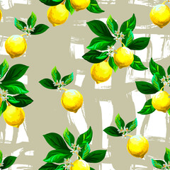 Lemon vector pattern. Seamless botanical illustration. Tropic print. Citrus background.