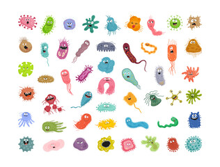 Collection of colorful bacteria and viruses with different emotions. Funny cartoon microbes. - obrazy, fototapety, plakaty