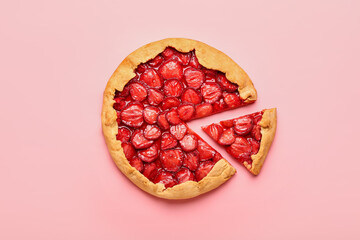 Tasty strawberry pie on color background