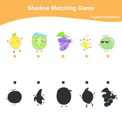 Shadow Matching game for Preschool Children. Tropical Fruits Edition. Educational activity for preschool kids. Vector illustration. It is perfect for exercising children’s motoric movements.