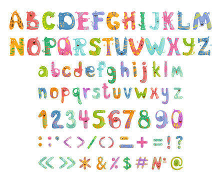 Set of funny and cute letters with emotions, numbers and punctuation marks. Alphabet with fairy tale characters.