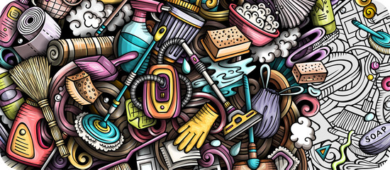 Fototapeta premium Cleaning hand drawn doodle banner. Cartoon vector detailed flyer.