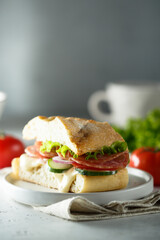 Homemade sandwich with salami and cucumber