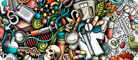 Medicine hand drawn doodle banner. Cartoon vector detailed flyer.