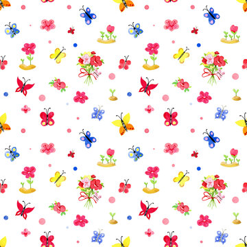 Watercolor seamless pattern. Summer flowers and butterflies, isolated on a white background.