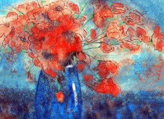 Red poppies in a blue vase. Still life in the impressionistic style. Painting for the interior in the technique of watercolor stains.