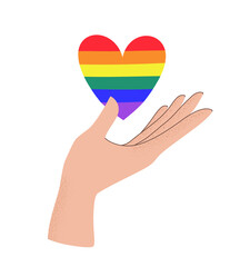 Vector illustration of hand holding LGBTQ rainbow heart colors. Concept of pride, freedom, equality, rights, lesbian, gay, bisexual, transgender love and homosexuality. T-shirt print, emblem or logo