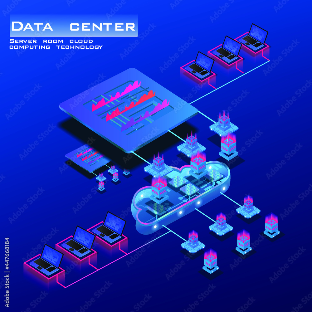 Poster server room with powerful processor for web hosting. isometric concept of data center and informatio