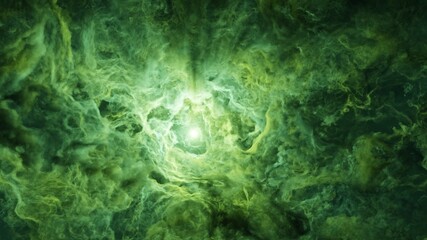 Emerald green clouds of deep space supernova nebulae - slow tranquil interstellar voyage through galaxy. background wallpaper.