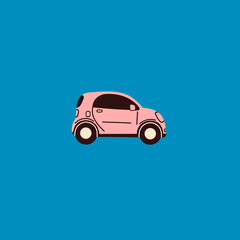 Tiny pink car. Side view. Colored isolated Icon. Logo, print template. Automobile, Vehicle, motor transport concept. Cartoon style. Hand drawn trendy Vector illustration