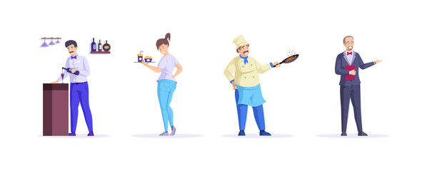 Restaurant staff cook, waitress, bartender, head waiter. Public catering service staff. Kitchen workers chef cooking food at cafeteria cuisine, bartender pour wine, head waiter invites visitors