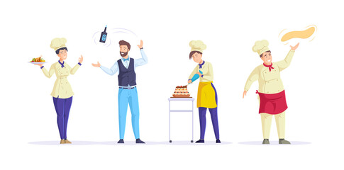Obraz premium Restaurant staff chef, cook, waitress, bartender. Public catering service staff. Kitchen workers chef cooking food at cafeteria cuisine, waitress delivers order, cook prepares sweet cake
