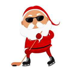 Santa in sunglasses playing hockey. Vector illustration. - obrazy, fototapety, plakaty