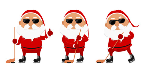 Santa in sunglasses playing ice hockey. Vector illustration.