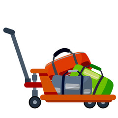 Platform trolley and Handcart with bag. Stack of cargo and goods. Logistics and transportation. Hand cart. Flat cartoon isolated on white