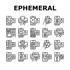 Ephemeral Content Collection Icons Set Vector. Social Media Story And Photography, File Document Downloading And Advertise Ephemeral Black Contour Illustrations