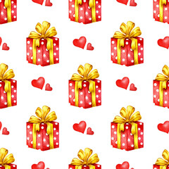 Watercolor illustration of a red to white pea box with a yellow bow. Holiday gifts, wrapped gift boxes, birthday, Christmas design elements. Isolated on white background. Drawn by hand.