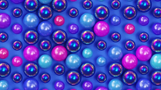 Moving holographic colorful spheres on blue background, trendy minimal 3d looping animation, creative geometric pattern with bubbles, surreal modern contemporary bright backdrop