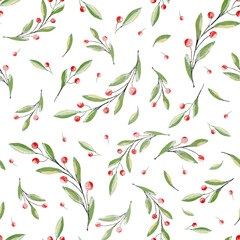 Greenery seamless pattern with lingonberry branch
for postcard, fabric, textile, packaging. Watercolor style illustration on white background.