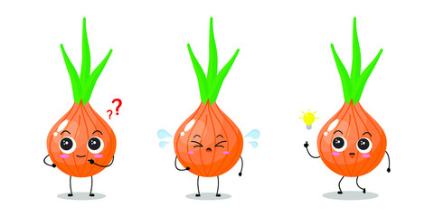 Vector illustration of onion character with cute expression, funny, isolated on white background, herbs, seasoning, vegetable for mascot collection, emoticon, kawaii, adorable