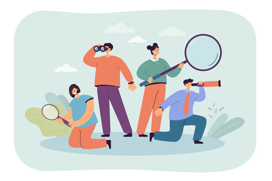 People with spyglasses and magnifier flat vector illustration. Men and women exploring, analyzing, looking for new opportunities, staff or ideas. HR team, search concept