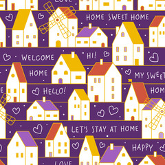 Seamless pattern with cute houses and windmills - cartoon town background for textile and wallpaper and wrapping design 4