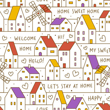 Seamless pattern with cute houses and windmills - cartoon town background for textile and wallpaper and wrapping design