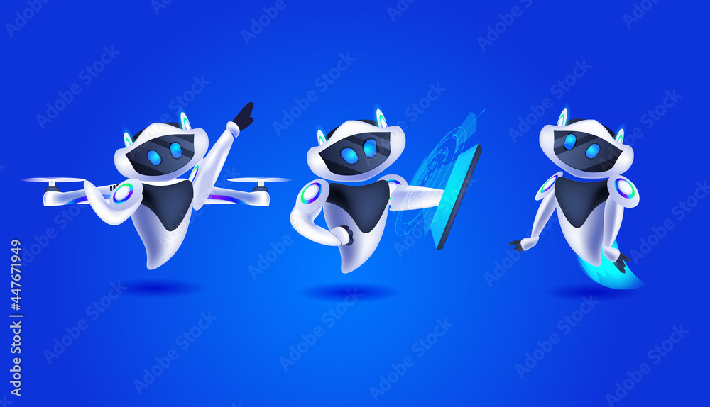 Poster cute robots discussing during meeting modern robotic characters team artificial intelligence technol