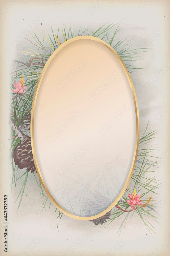 Wall mural oval gold frame on pine and conifer cone patterned background vector