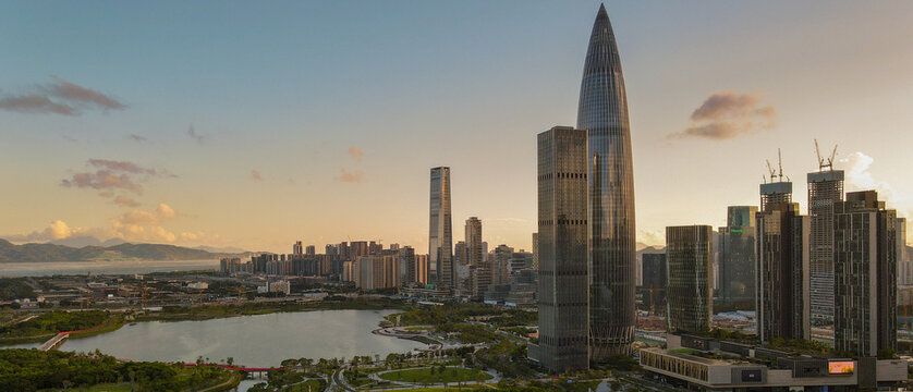 Aerial view of Houhai and its surrounding cityscape of Shenzhen on sunset