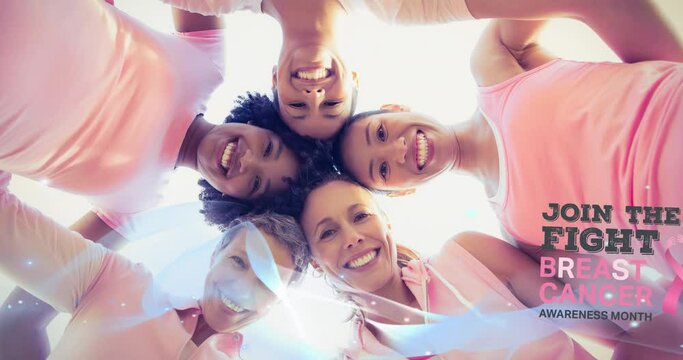 Animation of pink ribbon logo with breast cancer text over diverse group of smiling women