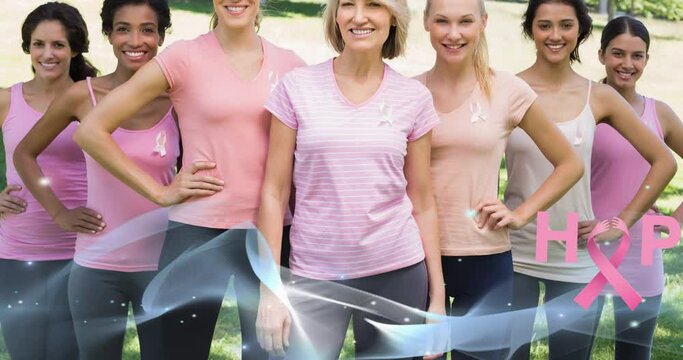 Animation of pink ribbon logo with hope text and blue wave over diverse group of smiling women
