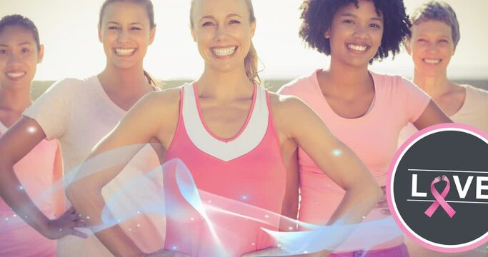 Animation of pink ribbon logo with love text and blue wave over diverse group of smiling women