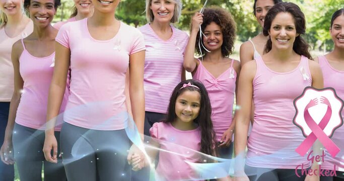 Animation of pink ribbon logo with get checked text and wave over diverse group of smiling women