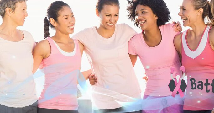 Animation of pink ribbon logo with battle text and blue wave over diverse group of smiling women