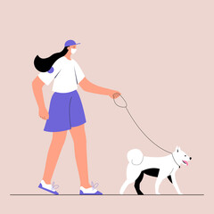 A young female character in medical face mask walking with their dog. Urban lifestyle after quarantine. New normal. Vector illustration in flat style on isolated background. Eps 10.