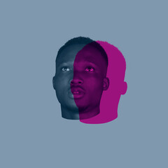 Close-up young African man's face, head with colored silhouette, shadow isolated on light background. Human emotion, split personality, mental problems concept.