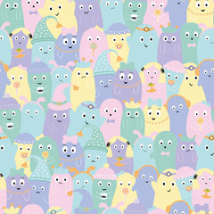 seamless vector pattern with monsters and ghosts, for halloween, children's pattern in pastel colors