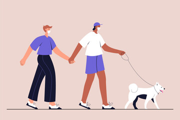 Interracial gay couple in medical face mask walking with their dog. Urban lifestyle after quarantine. New normal. Vector illustration in flat style on isolated background. Eps 10.