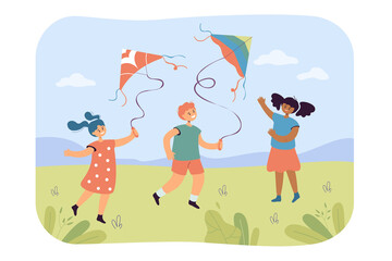 Kids flying kite flat vector illustration. Boy and girls walking on lawn and playing together. Outdoor activity, having fun concept