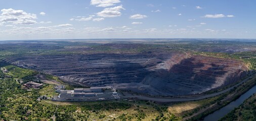 Open Pit Iron Ore Quarry Panoramic Industrial Landscape Aerial Panorama View - 447674560