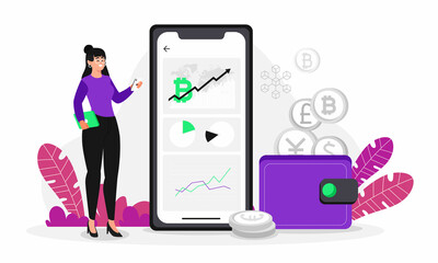 Business Woman in casual clothes looking at chart of growing Bitcoin cryptocurrency on mobile. Cryptocurrency price chart  blockchain technology