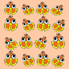 pattern owl, owl, baby owl, cute owl, orange owl, with blue eyes,and eyelashes, yellow feathers