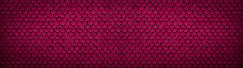 Traditional ecological cladding of a wall with abstract dark pink magenta colored painted wooden larch fish scales, wood shingles, clapboard, clapboard texture background banner panorama 3D scindula © Corri Seizinger