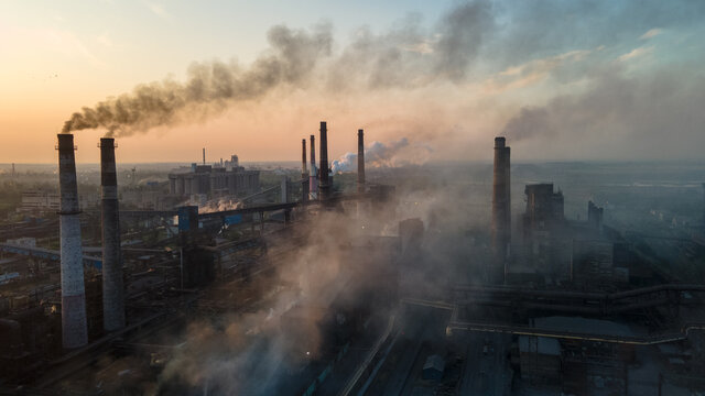 metallurgical plant heavy industry poor ecology top view smoke from chimneys smog