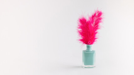 A creative idea of .pink feathers come out of mint green nail polish on white background. Minimal .beauty concept with copy space.