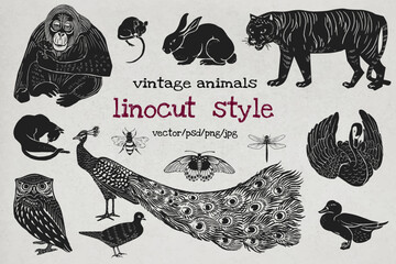 Vintage animals linocut style vector set