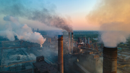 metallurgical plant heavy industry poor ecology top view smoke from chimneys smog