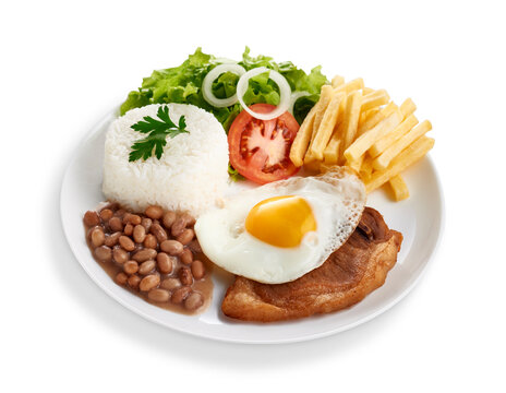 Prato executivo de bisteca su&iacute;na com ovo frito, arroz, feij&atilde;o, salada e batatas fritas, isolado com path