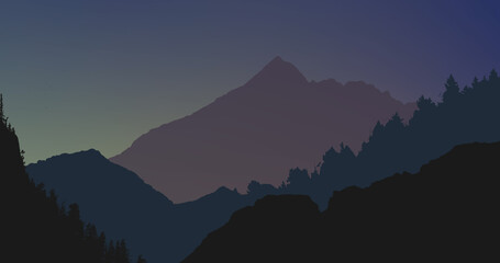 Image of mountains and tress at night